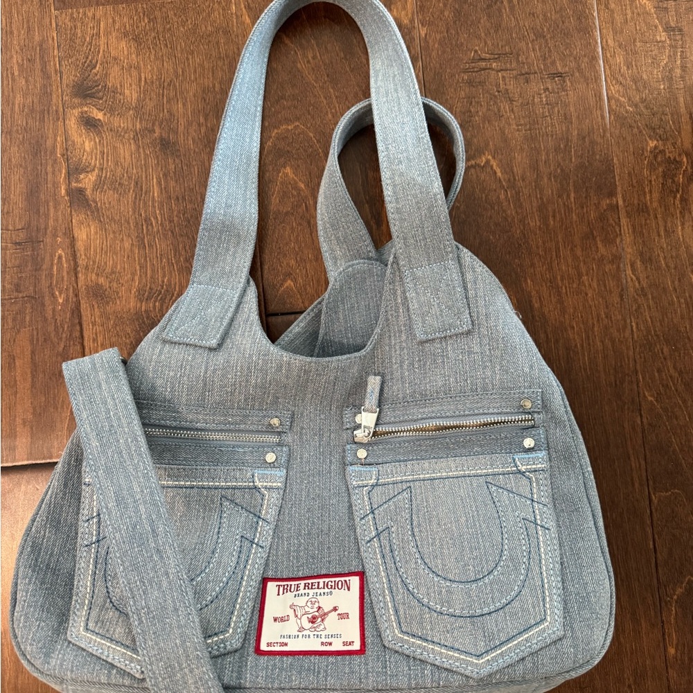 True Religion Light Blue Denim Shoulder Tote with Dual Front Pockets